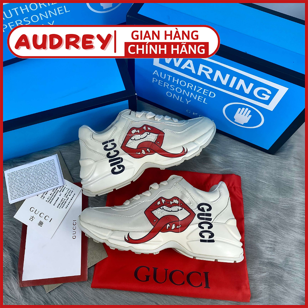 Giày GUCCl Rhyton in logo, họa tiết môi, gucci ny bản trung da thật cao cấp sneaker tăng chiều cao