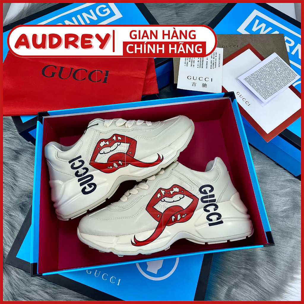 Giày GUCCl Rhyton in logo, họa tiết môi, gucci ny bản trung da thật cao cấp sneaker tăng chiều cao