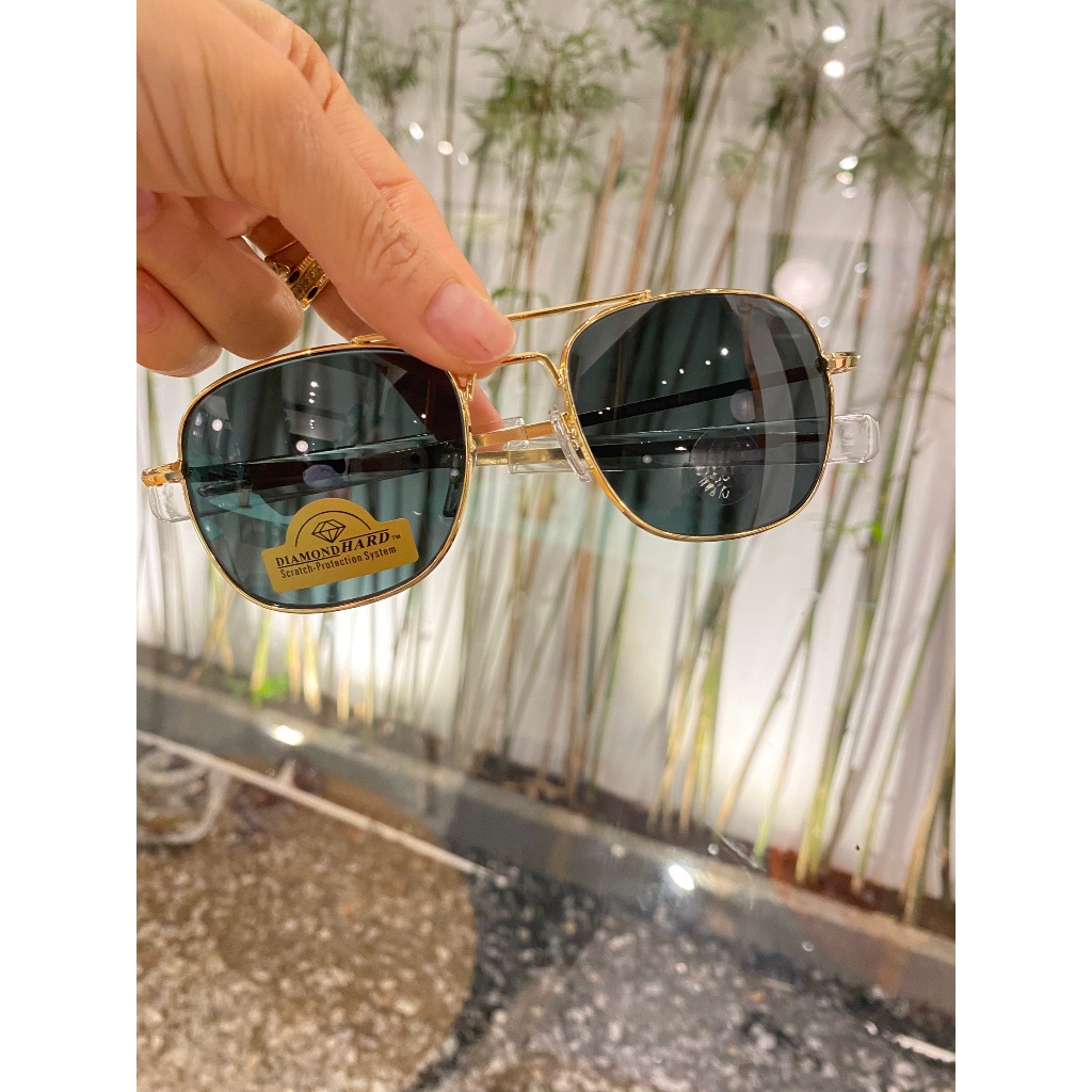 [Ảnh thật] Kính mát nam tròng thủy tinh cường lực AO8055 tròng đen gọng vàng cực sang chống UV400