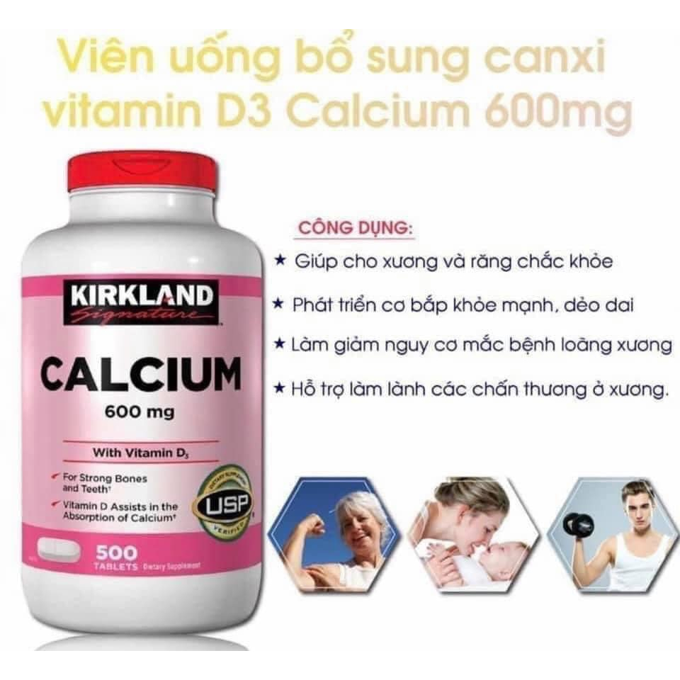Viên Uống Bổ Sung Canxi Kirkland Calcium 600mg + D3 (màu hồng)- 500 Viên – Mỹ