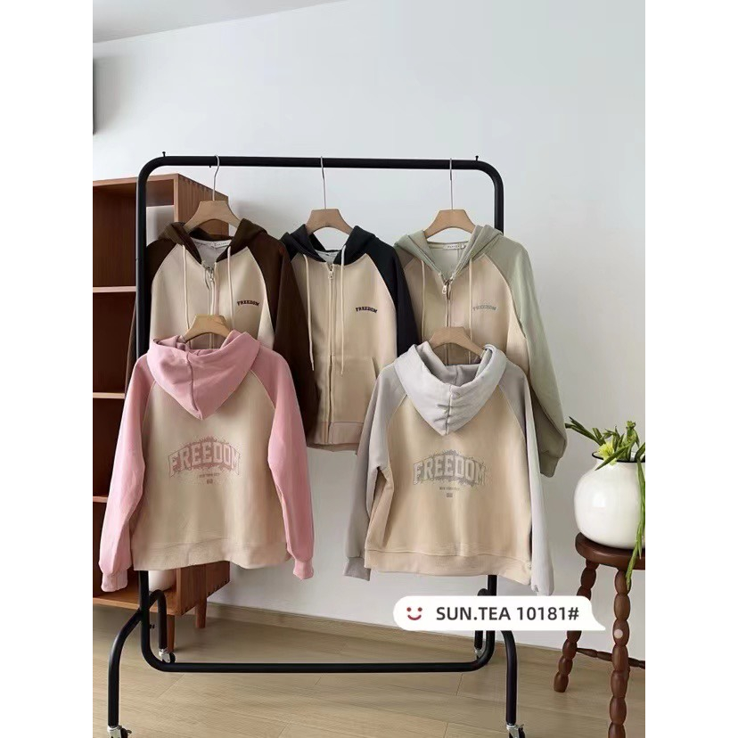 Áo khoác nỉ nữ mùa đông tay pha form rộng thêu chữ freedom có mũ dây kéo Hàn Quốc đẹp dày dặn, áo hoodie zip 10186
