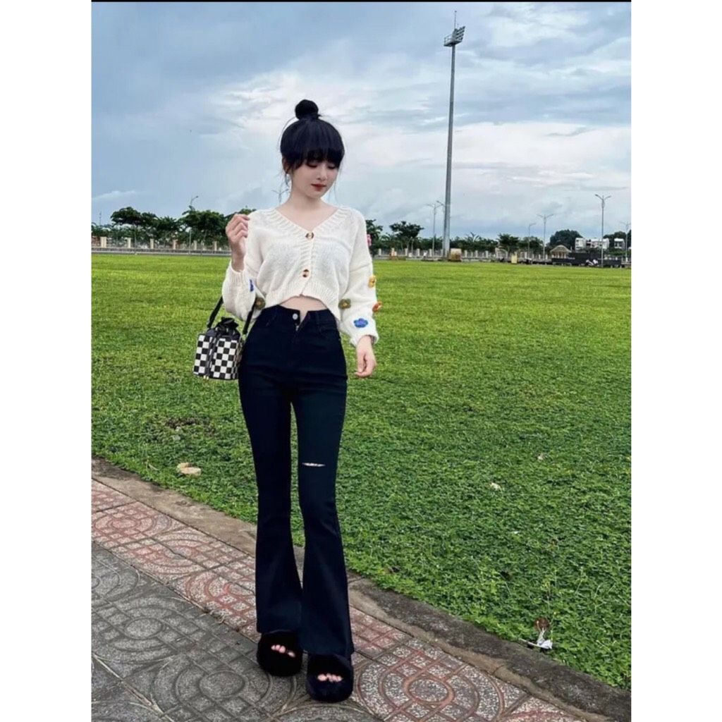 Quần Jeans giấy rách đùi ống loe cạp cao cho người từ 35-55kg - Quần jeans lưng cao co giãn BL 10 -xưởng may tuấn nhật