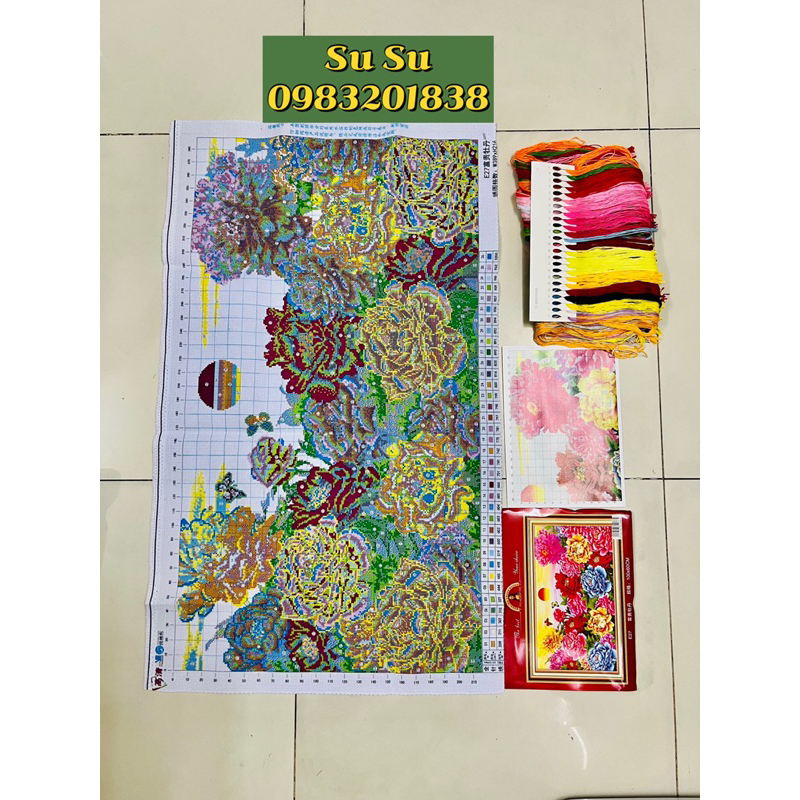 Tranh thêu chữ thập Hoa mẫu đơn E27 kích thước 100 x 60 cm