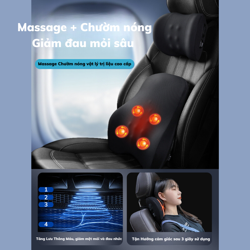 Bộ Gối & Tựa Lưng Massage Ô Tô Cao Cấp, Thiết Kế Công Nghệ Đặt Biệt mát xa và Chườm Nóng,Chất Liệu Cao Su Non - BOGI