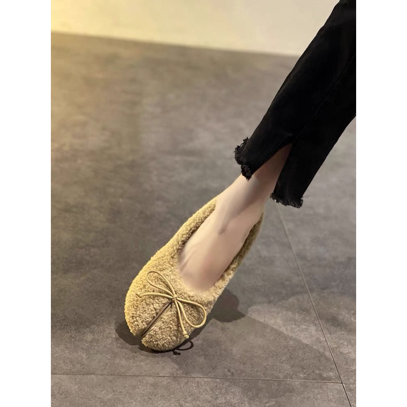 Giày búp bê lông cừu cho nữ mũi móng ngựa đế bệt đính nơ
