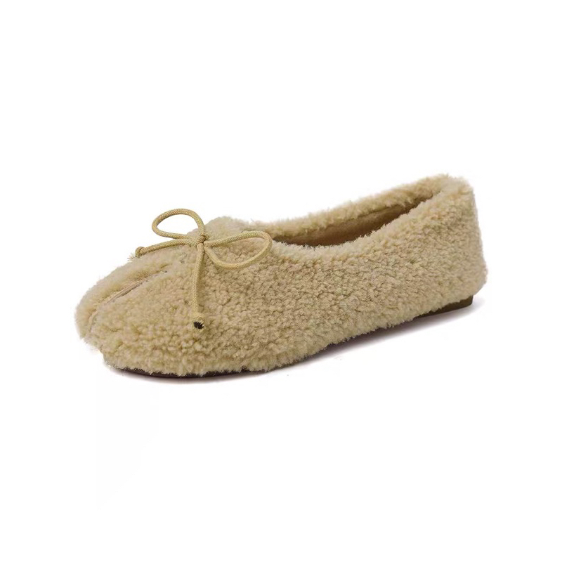 Giày búp bê lông cừu cho nữ mũi móng ngựa đế bệt đính nơ