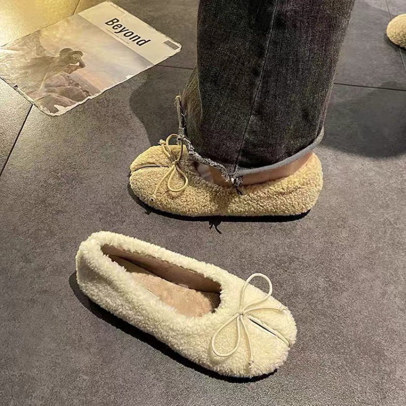 Giày búp bê lông cừu cho nữ mũi móng ngựa đế bệt đính nơ