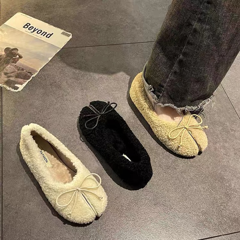 Giày búp bê lông cừu cho nữ mũi móng ngựa đế bệt đính nơ