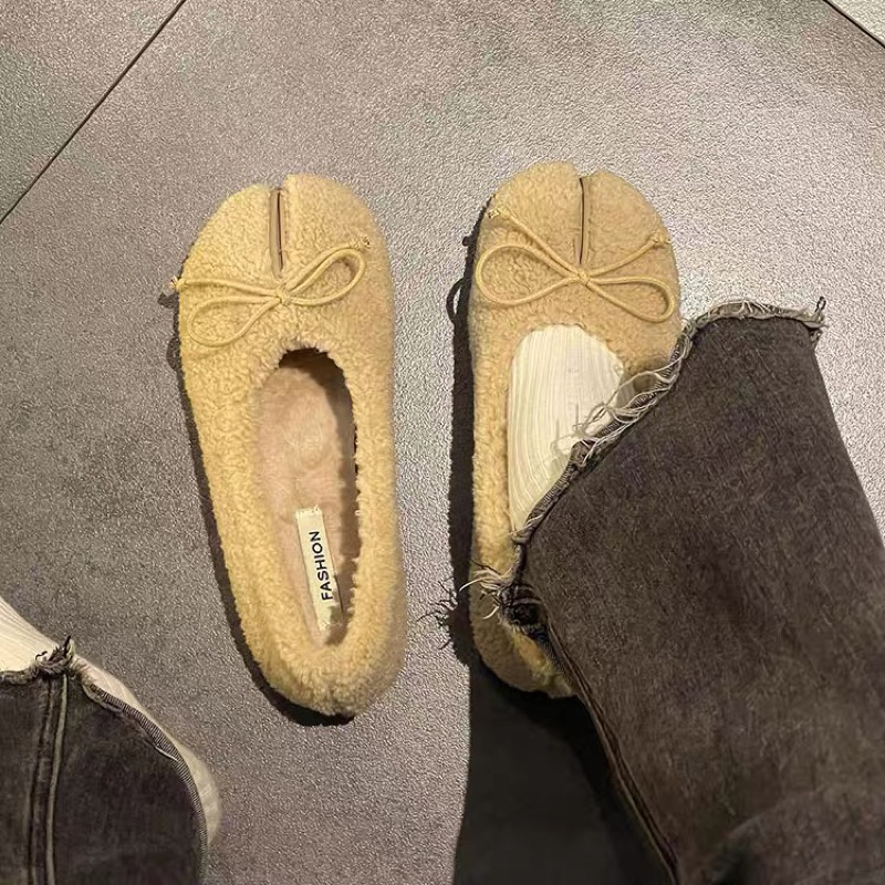 Giày búp bê lông cừu cho nữ mũi móng ngựa đế bệt đính nơ