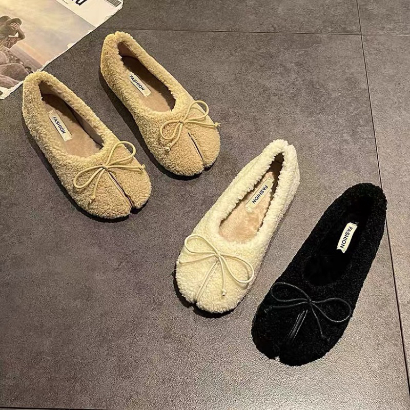 Giày búp bê lông cừu cho nữ mũi móng ngựa đế bệt đính nơ