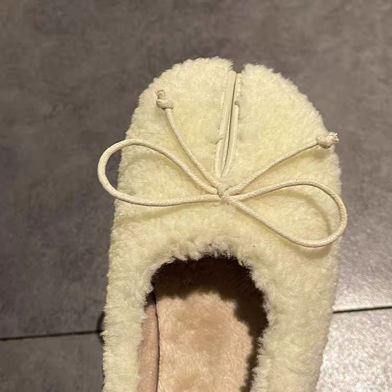 Giày búp bê lông cừu cho nữ mũi móng ngựa đế bệt đính nơ