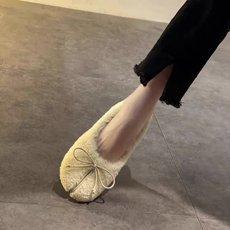 Giày búp bê lông cừu cho nữ mũi móng ngựa đế bệt đính nơ