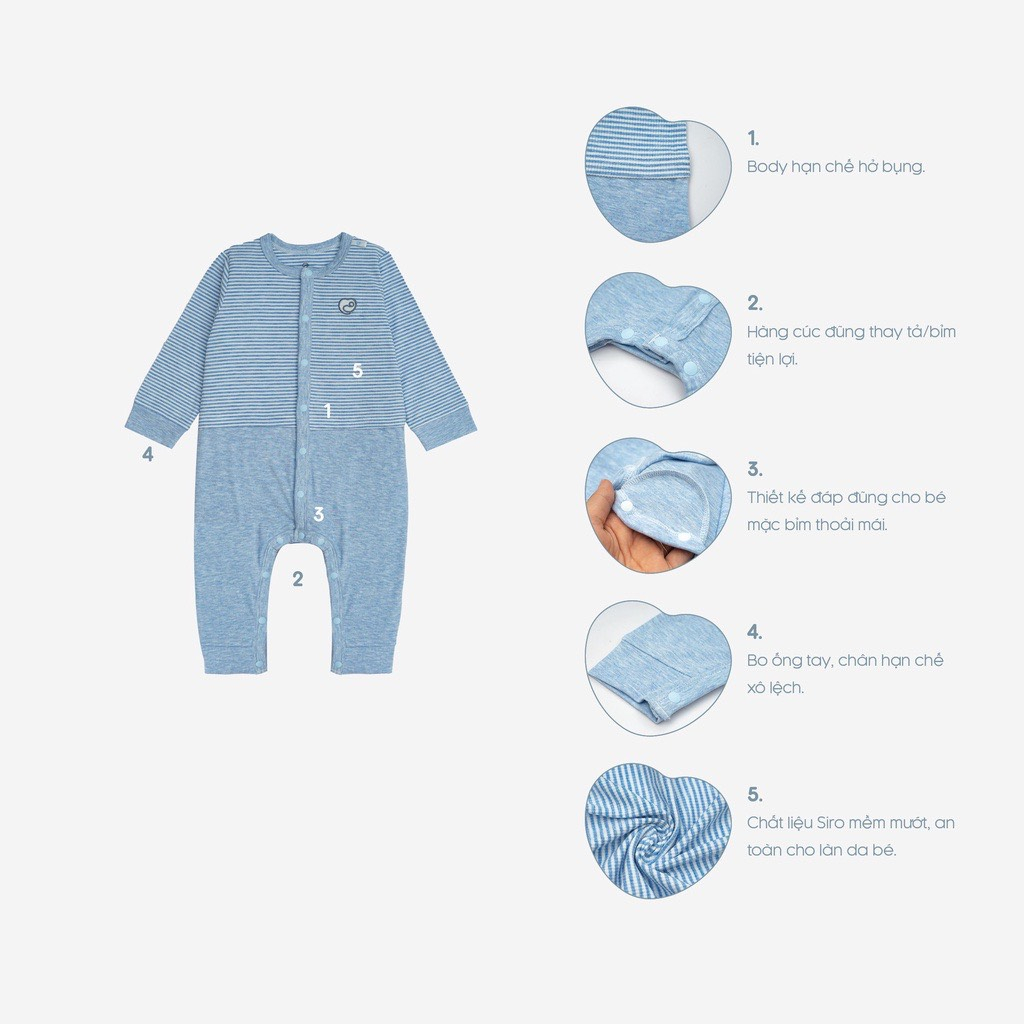 Bubaby BSR210200Bodysuit cho bé Sơ Sinh cài cúc giữa chất liệu Siro Cotton mềm mại