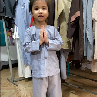 Bộ đồ lam đi chùa trẻ em vải Kate, Quần áo phật tử mẫu bà ba kate bé gái
