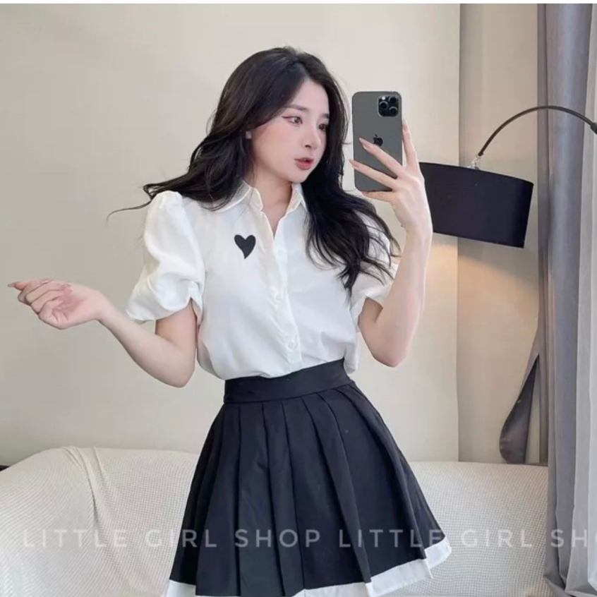Áo sơ mi croptop nữ ngắn tay kiểu Hàn Quốc phối túi in Logo họa tiết cổ V màu trắng thời trang Áo sơ mi cộc tiểu thư đẹp