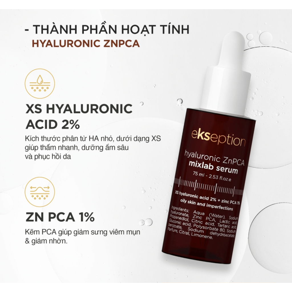 Serum Ekseption Hyaluronic ZnPCA, HA + 1% ZnPCA căng bóng, giảm mụn, kiềm dầu 75ml | Unknown Beauty