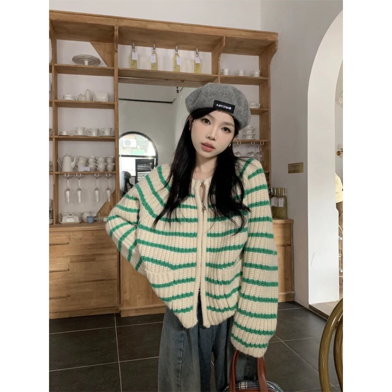 ÁO LEN CARDIGAN KẺ SỌC NGANG XANH LÁ PASTEL