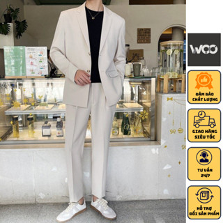 Áo khoác blazer nam WoO form rộng, áo khoác cổ vest nam 2 khuy cài phong cách Hàn Quốc