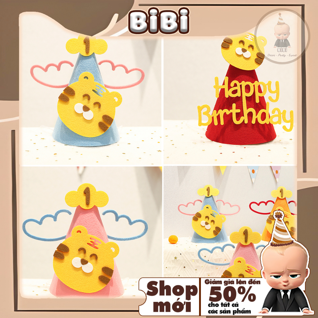 Nón nỉ mẫu hổ nhiều màu sắc dễ thương cho bé trai bé gái trang trí sinh nhật BIBI PARTY NNMH