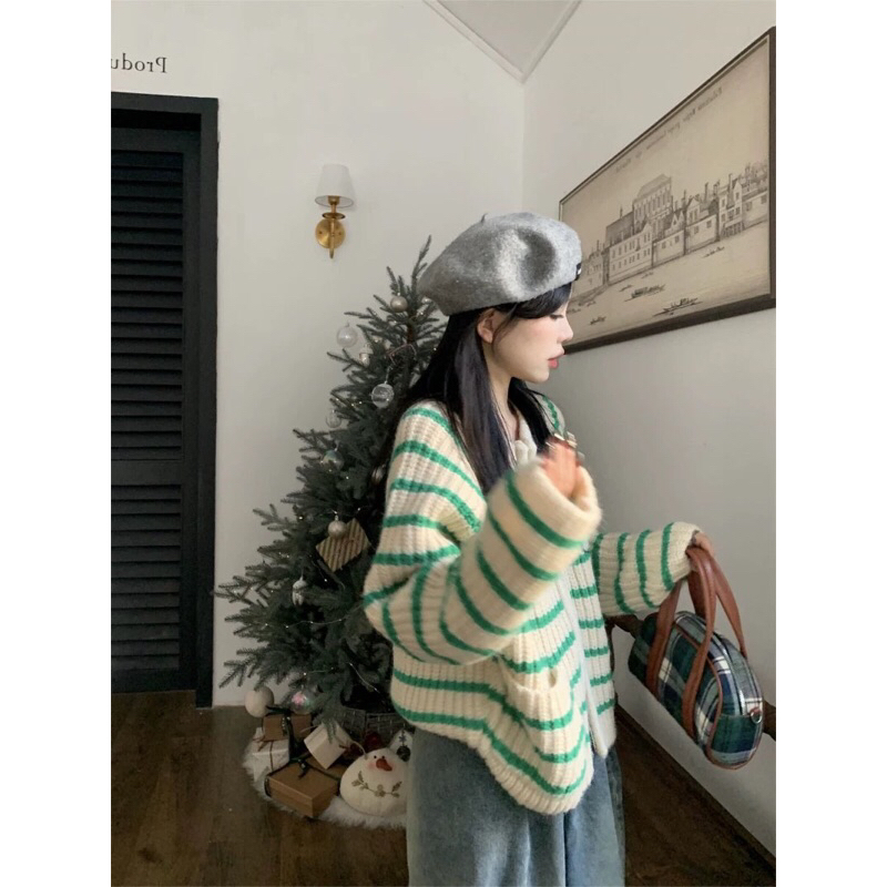 ÁO LEN CARDIGAN KẺ SỌC NGANG XANH LÁ PASTEL