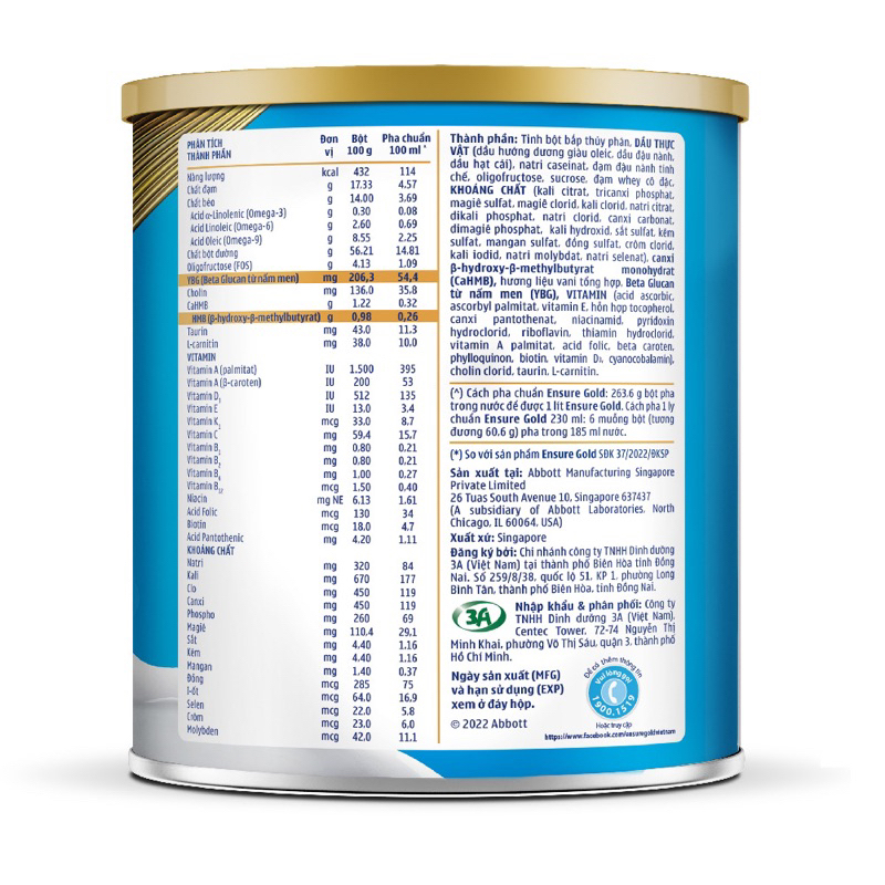 Sữa Ensure Gold Abbott ít ngọt  400g