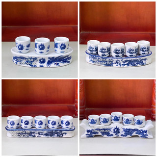 Bộ kỷ 3 chén thờ, kỷ 5 chén màu xanh lam thờ cúng