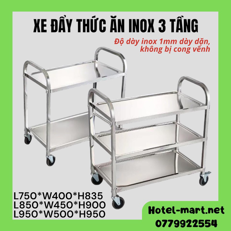 Xe Đẩy Thức Ăn Inox Dọn Dẹp 3 Tầng