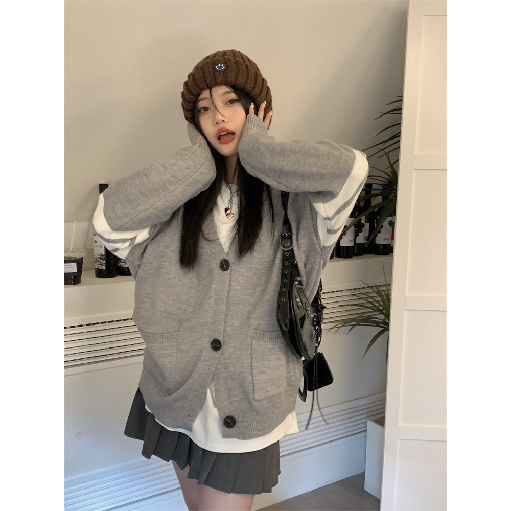 Áo khoác len cardigan có túi form rộng viền kẻ tay basic Deliz, chất len dày ấm mùa thu đông Bunny