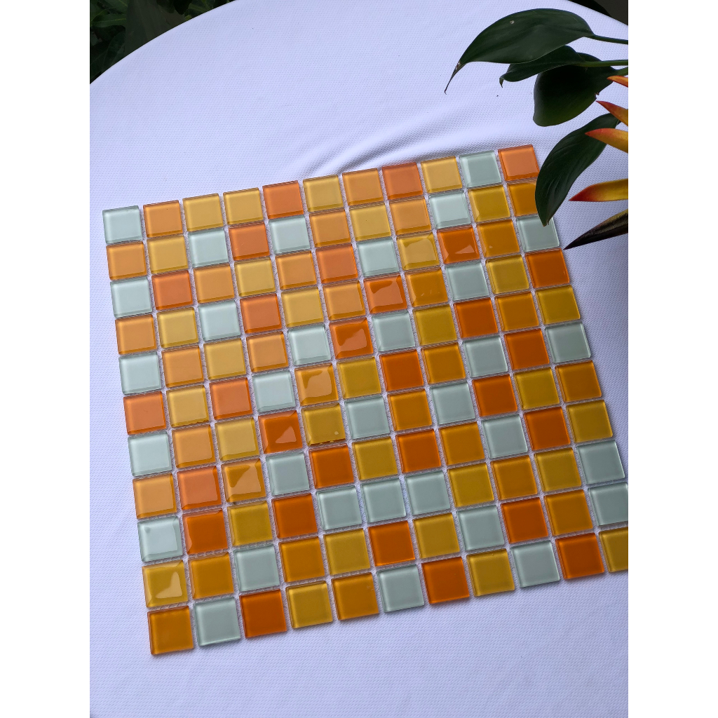 Gạch mosaic thủy tinh G7-2502 màu cam trộn trang trí ốp lát decor nội ngoại thất, làm workshop tranh