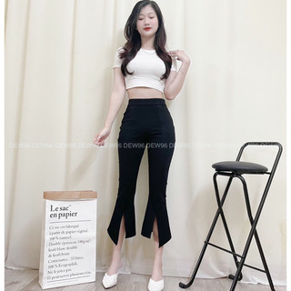 Quần loe nữ dáng ngắn gấu xẻ lệch chất vải Umi Hàn co giãn,quần loe nữ dáng lỡ lưng cao cạp chun xẻ lệch có túi