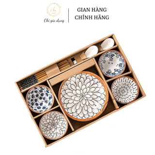 Bộ bát đĩa quà tặng bộ chén đĩa gia đình hoa văn Nhật Bản cao cấp kèm đũa muỗng