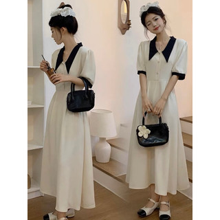Đầm váy trắng phối cổ tiểu thư đen phong cách Hàn Quốc