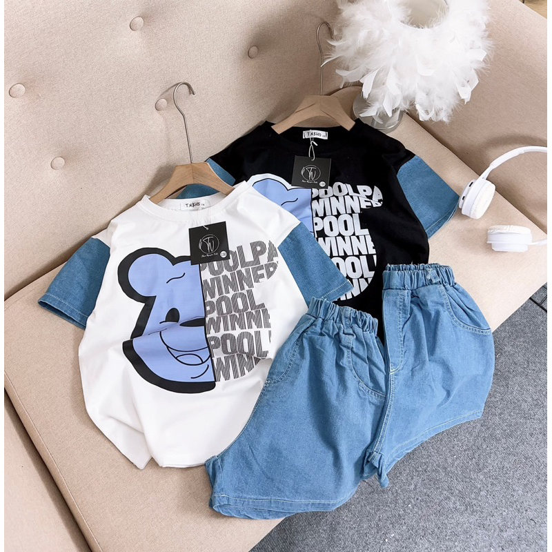 Bộ Gấu Cotton Phối Jean Bé Gái Size Đại 20-50kg