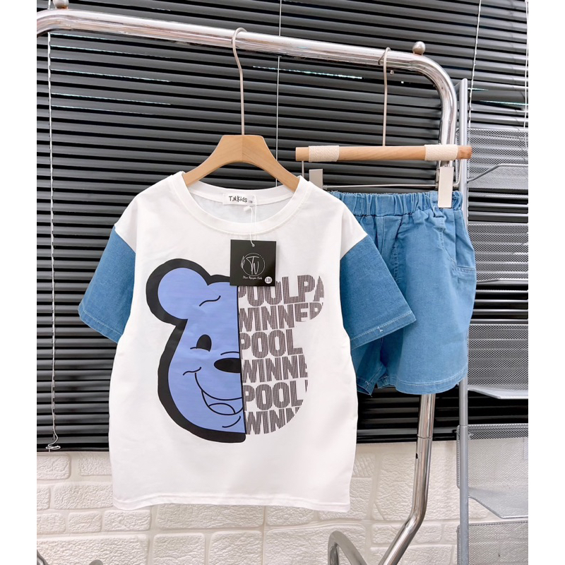 Bộ Gấu Cotton Phối Jean Bé Gái Size Đại 20-50kg