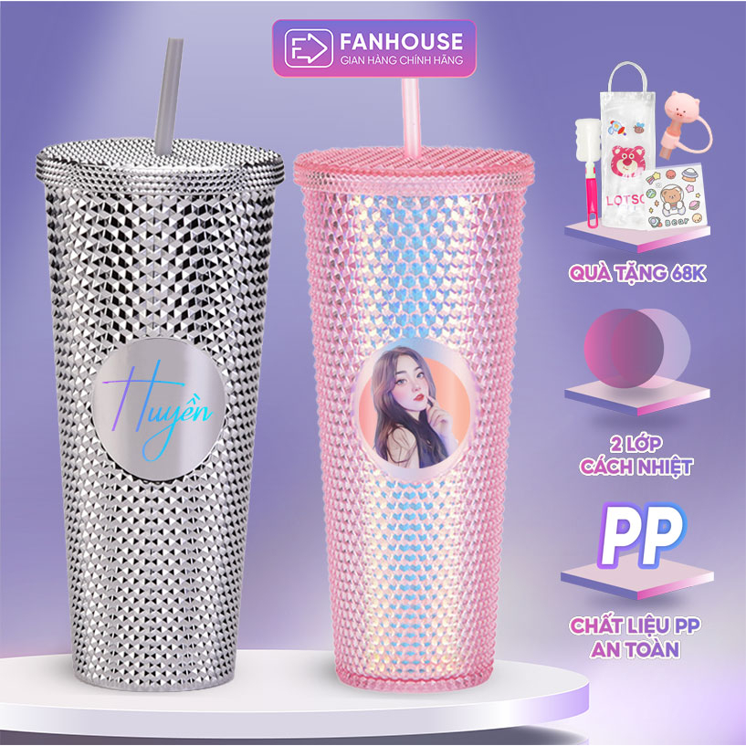 Bình cách nhiệt Kim Cương Fan House dung tích 710ml, chất liệu nhựa APS, cách nhiệt 2-3h, tặng kèm sticker và cọ rửa