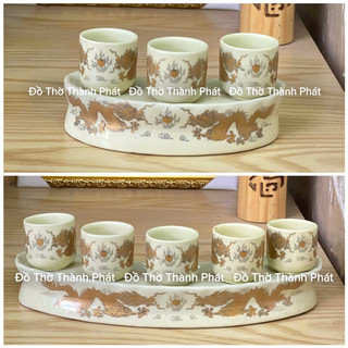 Bộ kỷ 3 chén,5 chén màu vàng ngà gốm sứ bát tràng, kỷ chén thờ cúng