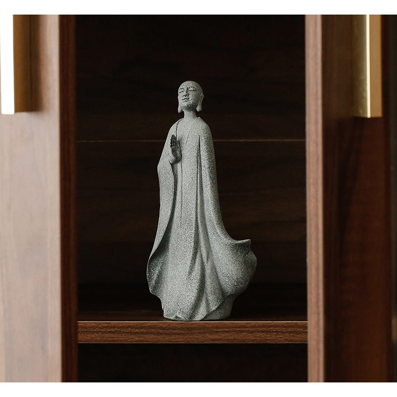 Tượng Tiểu Hòa Thượng Bằng Đá Sa Thạch Xanh Dùng Trang Trí Tiểu Cảnh, Bonsai, Thủy Sinh Bể Bán Cạn Terrarium