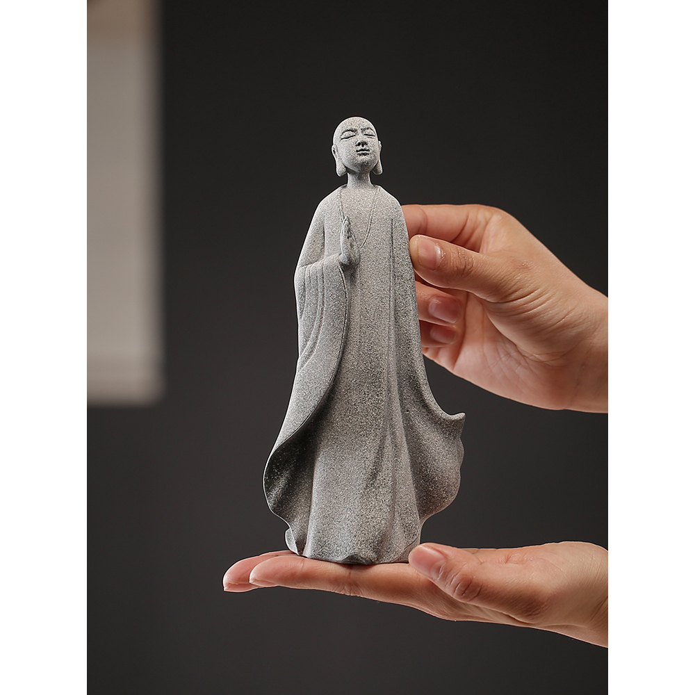 Tượng Tiểu Hòa Thượng Bằng Đá Sa Thạch Xanh Dùng Trang Trí Tiểu Cảnh, Bonsai, Thủy Sinh Bể Bán Cạn Terrarium