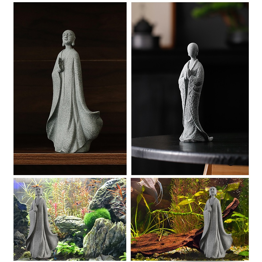 Tượng Tiểu Hòa Thượng Bằng Đá Sa Thạch Xanh Dùng Trang Trí Tiểu Cảnh, Bonsai, Thủy Sinh Bể Bán Cạn Terrarium