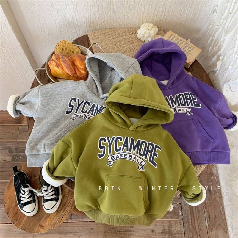 Áo hoodie lót lông hoạ tiết chữ in kiểu dáng basic cho bé tra bé gái - áo hoodie ấm áp cho bé
