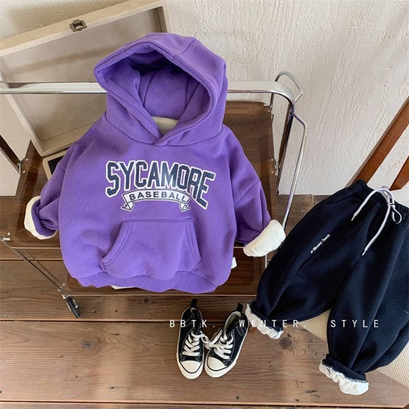 Áo hoodie lót lông hoạ tiết chữ in kiểu dáng basic cho bé tra bé gái - áo hoodie ấm áp cho bé