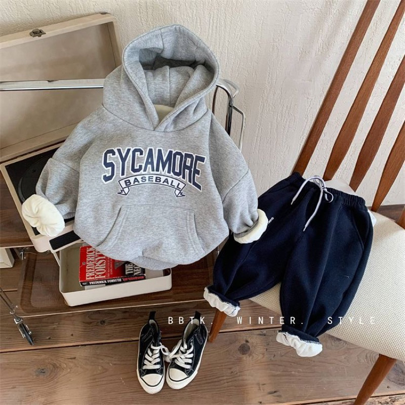 Áo hoodie lót lông hoạ tiết chữ in kiểu dáng basic cho bé tra bé gái - áo hoodie ấm áp cho bé