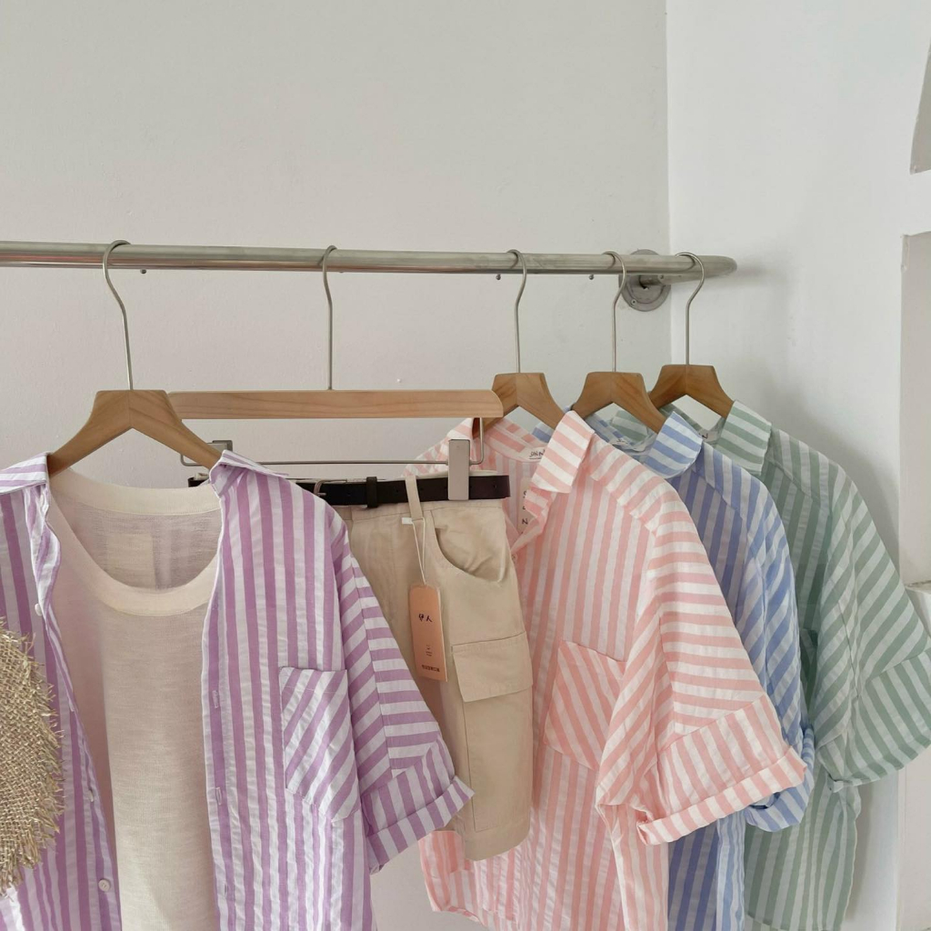 Áo Sơ Mi Nữ Vải XONXEN SHOP HUẾ Ngắn Tay Kẻ Sọc 1túi Mã  A624