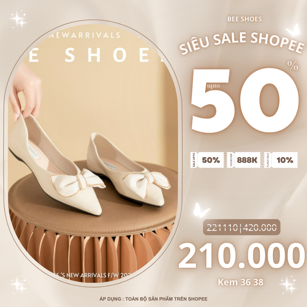 GIÀY BÚP BÊ BEESHOES NỮ MŨI NHỌN - GIÀY BÚP BÊ GÓT BỆT SẴN MÀU ĐEN - KEM 221110