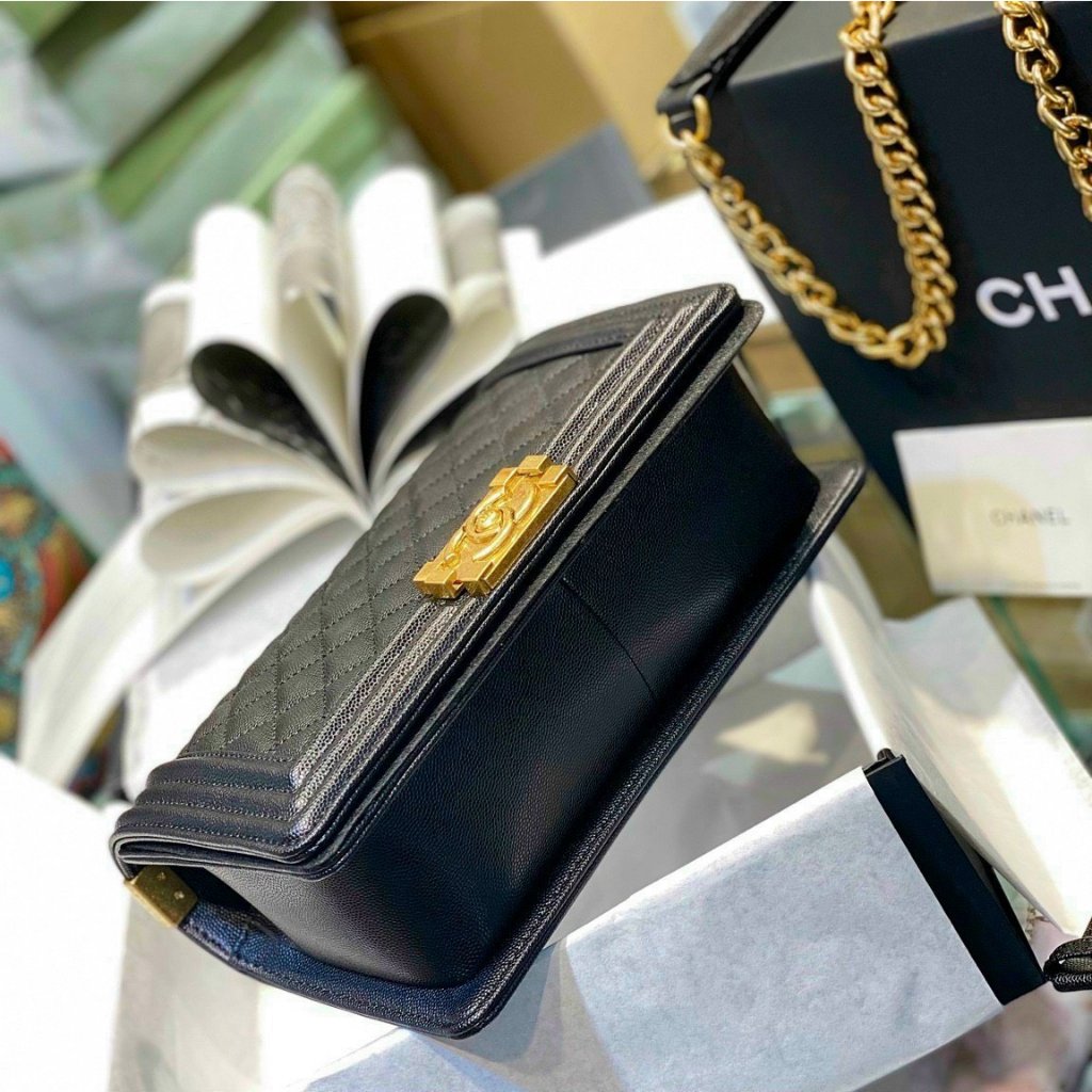 Túi Boy Caviar Chần Ô Trám Size 25 Da Sần Da Hạt Da Thật Full Box Super