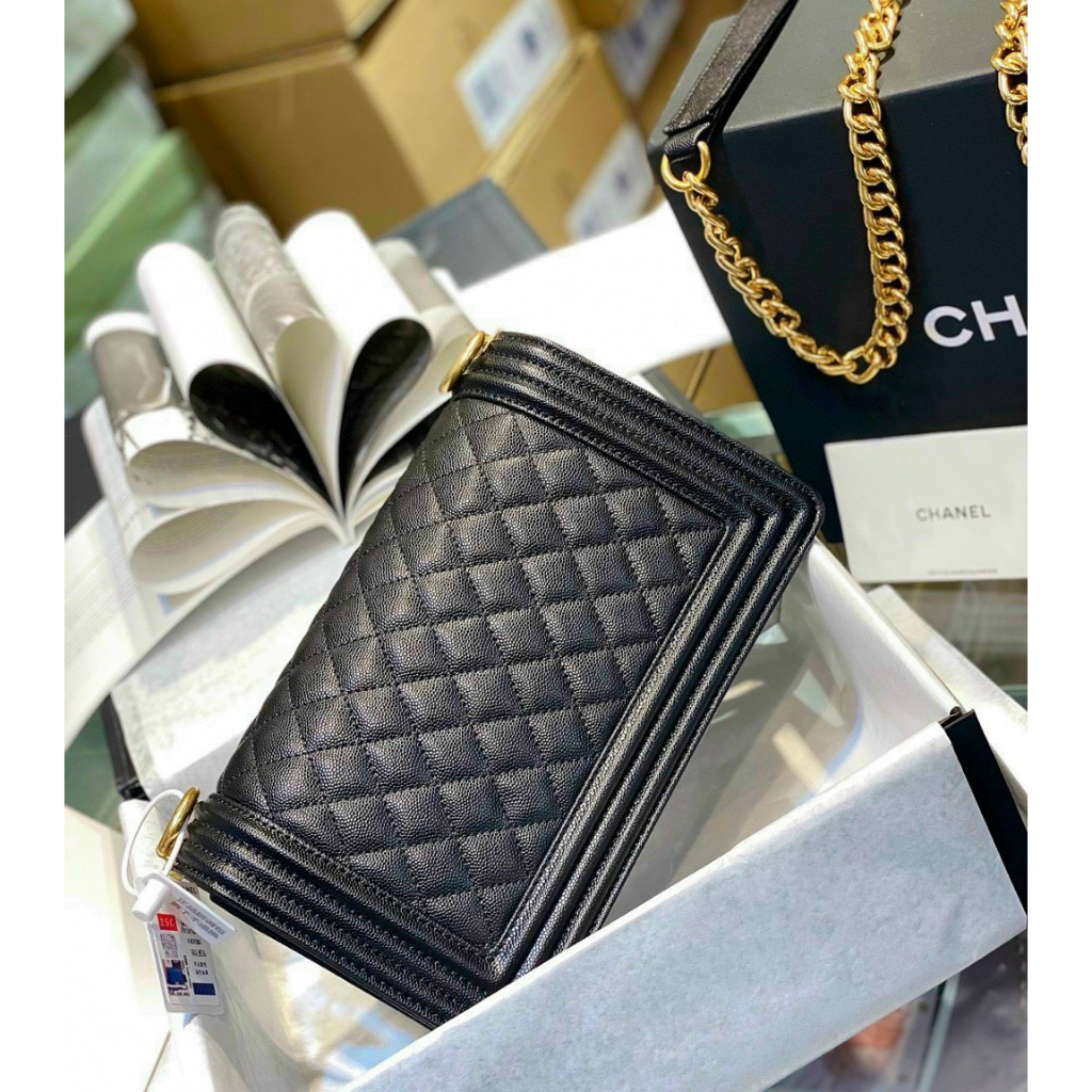 Túi Boy Caviar Chần Ô Trám Size 25 Da Sần Da Hạt Da Thật Full Box Super