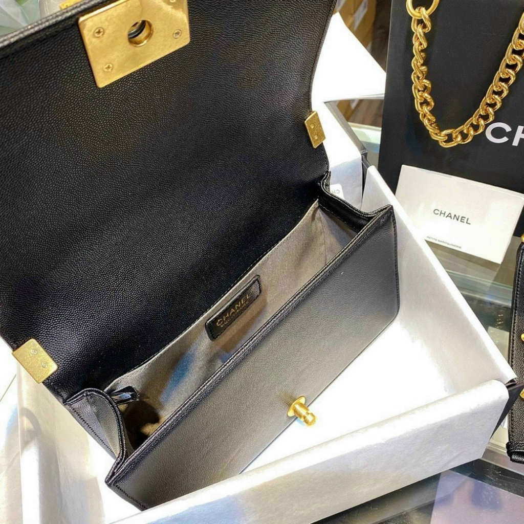 Túi Boy Caviar Chần Ô Trám Size 25 Da Sần Da Hạt Da Thật Full Box Super