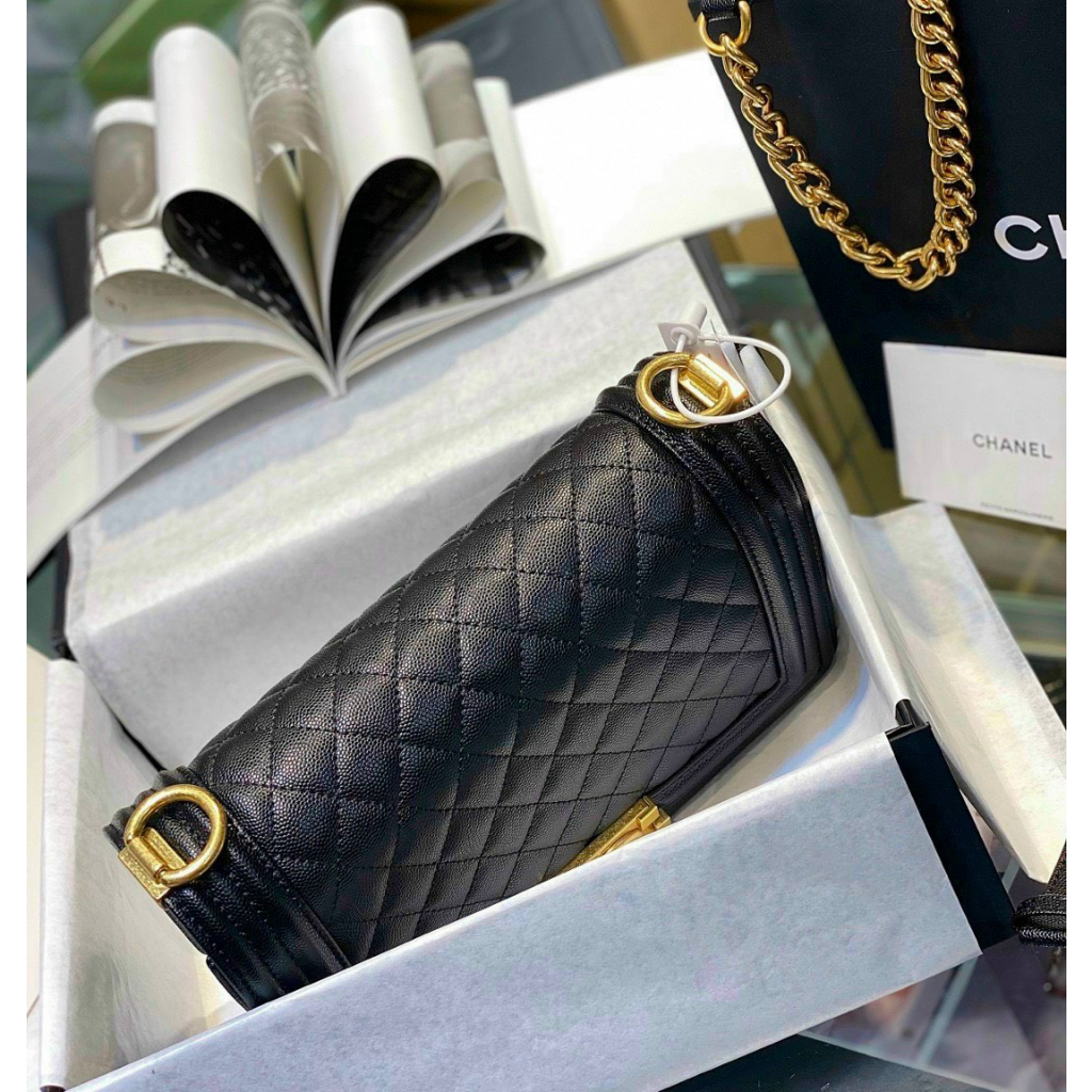 Túi Boy Caviar Chần Ô Trám Size 25 Da Sần Da Hạt Da Thật Full Box Super