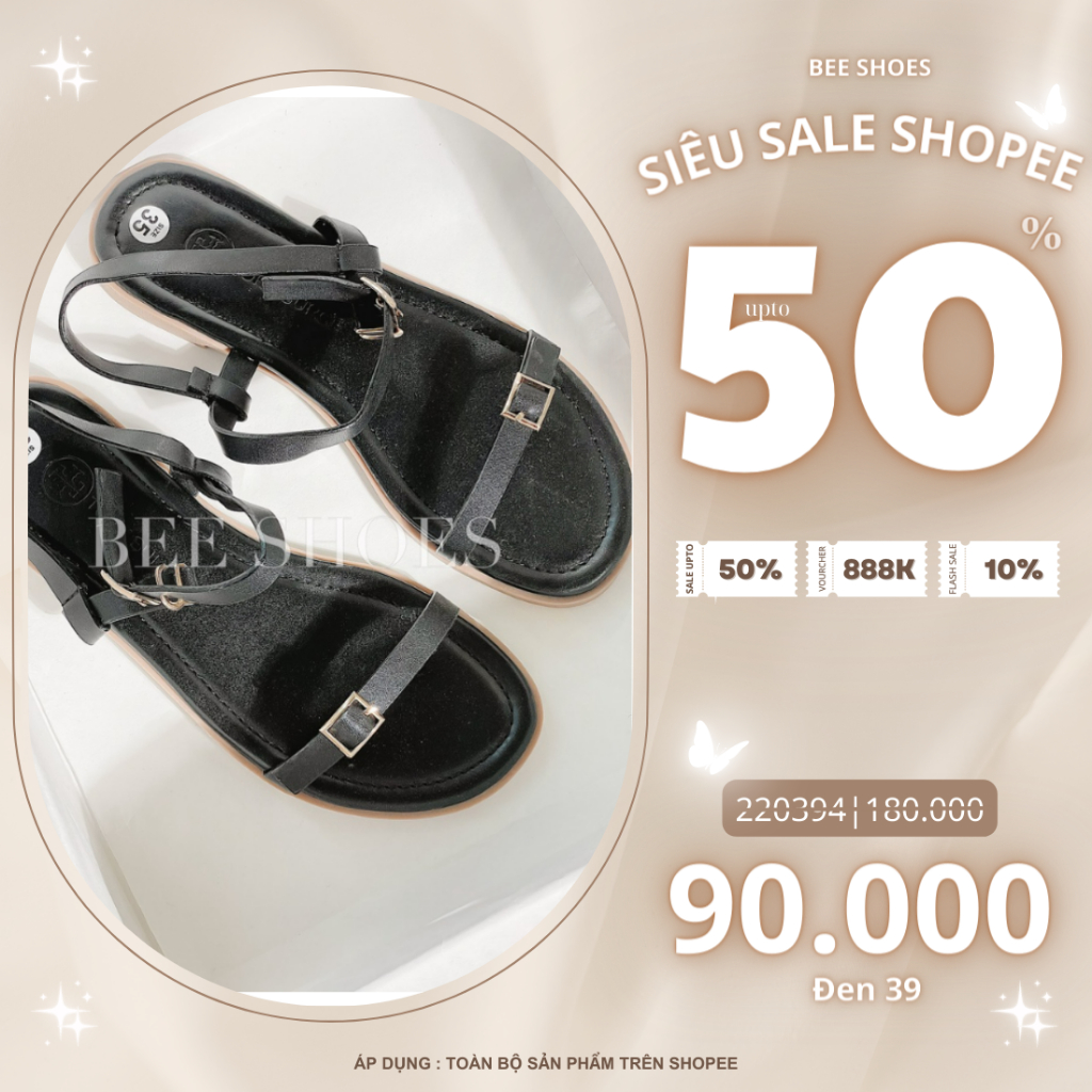 BEESHOES - SANDAL NỮ MŨI TRÒN- SANDAL NỮ MŨI VUÔNG GÓT BỆT SẴN MÀU ĐEN - KEM - TRẮNG 220394