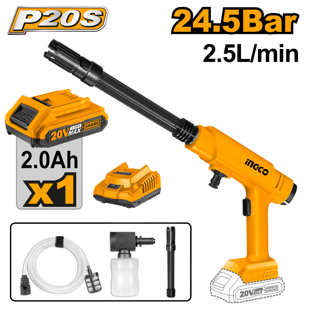 Máy rửa xe dùng pin áp lực cao INGCO CPWLI20282,dùng pin Lithium 20V tặng kèm 1 pin và 1 sạc 2ah